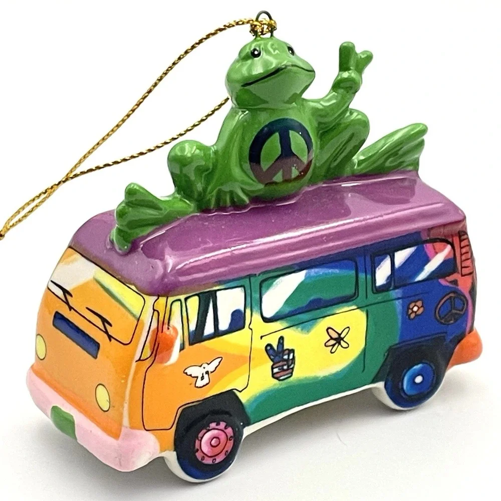 Peace Frogs VW Bus Inspired‎ Ceramic Christmas Tree Ornament Rainbow Hippie